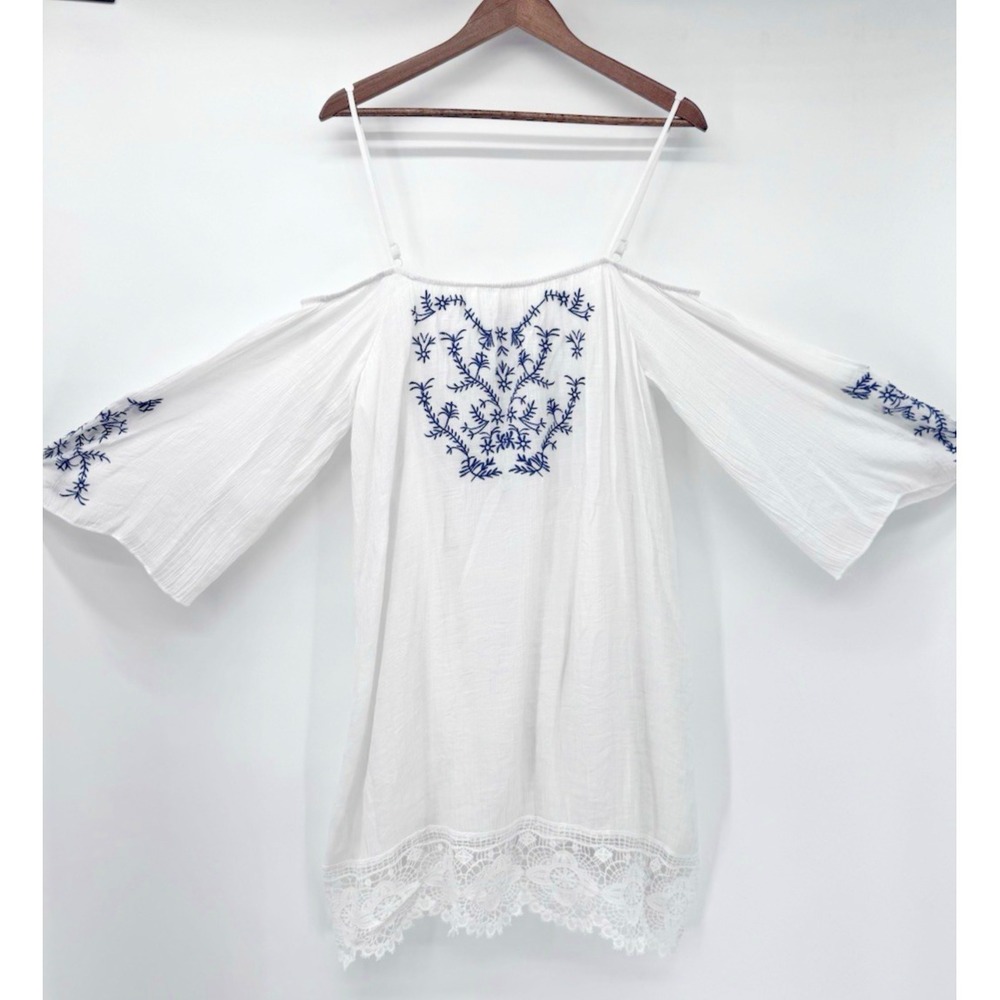 Grecian Dress PXL White Blue Embroidered Lace Trim‎ Boho cover up beach resort